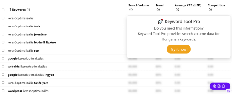 Kulcsó keresés- A keywordtool.io eredményei keresőoptimalizálás kulcsszóra.
